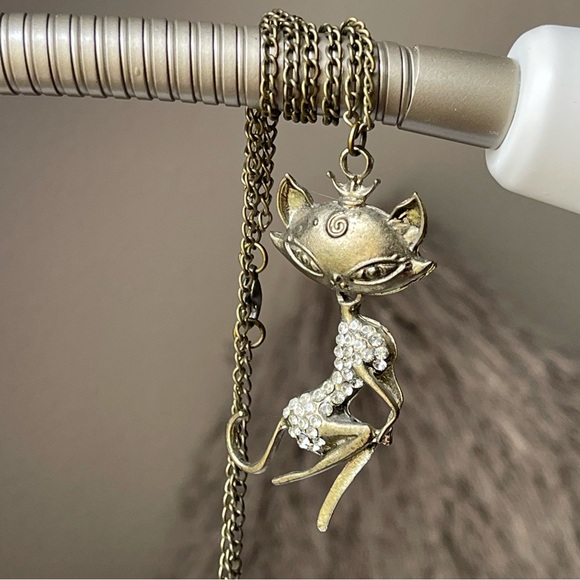 Pendant Only | Vintage | Brass Crowned Cat Lady In Rhinestone Dress 2.5" Tall - Picture 2 of 9